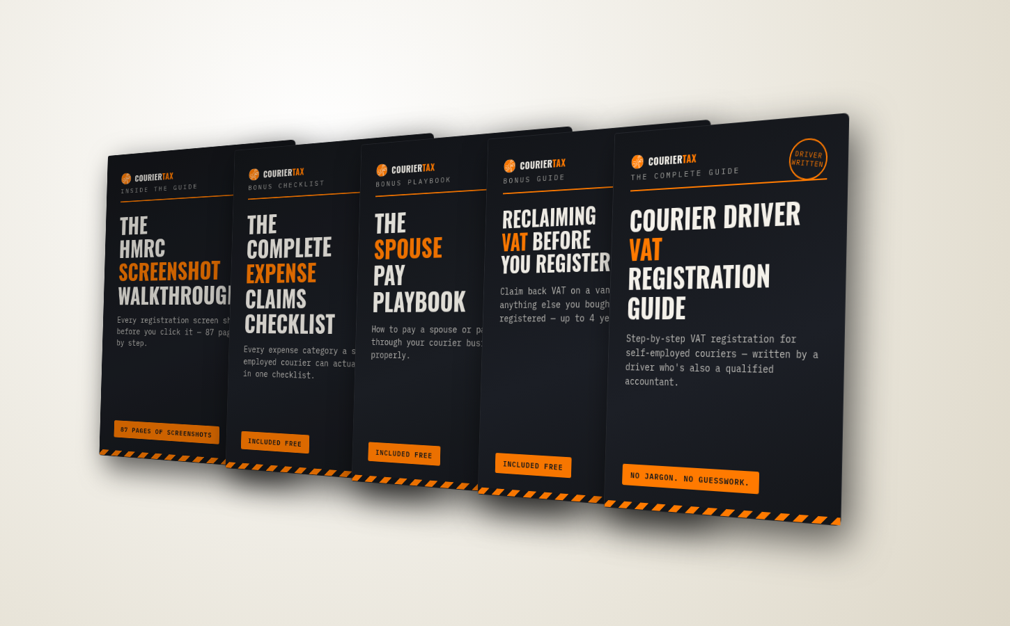 All five CourierTax guides — the VAT Registration Guide, the HMRC Screenshot Walkthrough, and three free bonus guides